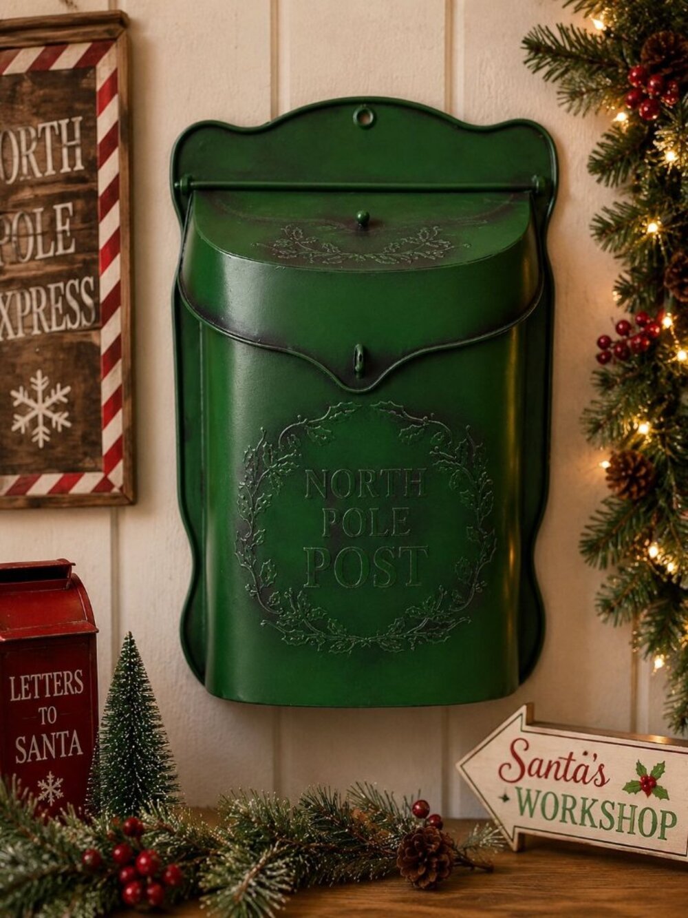 Christmas North Pole Post Green Mail Box Metal Tin